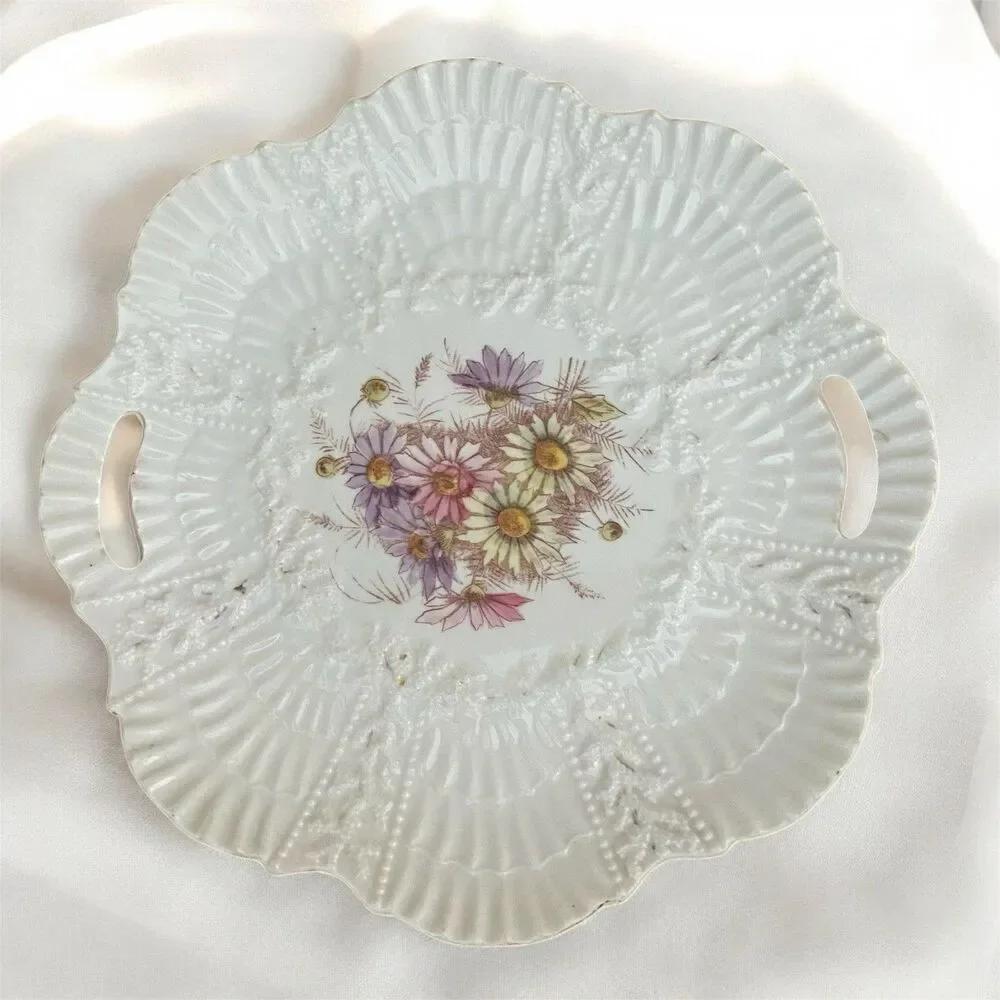 Bisque Scallop Coral Floral Limoges Round Tab Handle Platter/Tray Antique